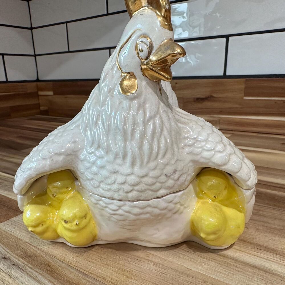 Vintage Iridescent White Hen Chicks 2 Piece Candy/Trinket Dish 6 3/8 x 7 1/4